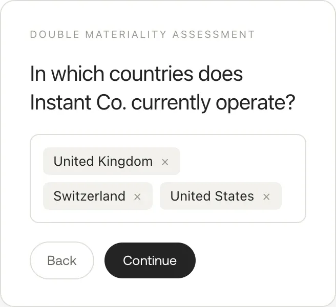 Double materiality assessment question asking in which countries the company operates, with United Kingdom, Switzerland, and United States selected