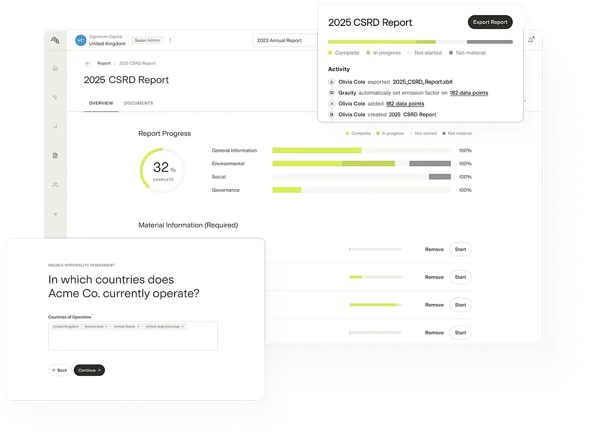 Gravity CSRD reporting view with ESRS-aligned disclosure sections