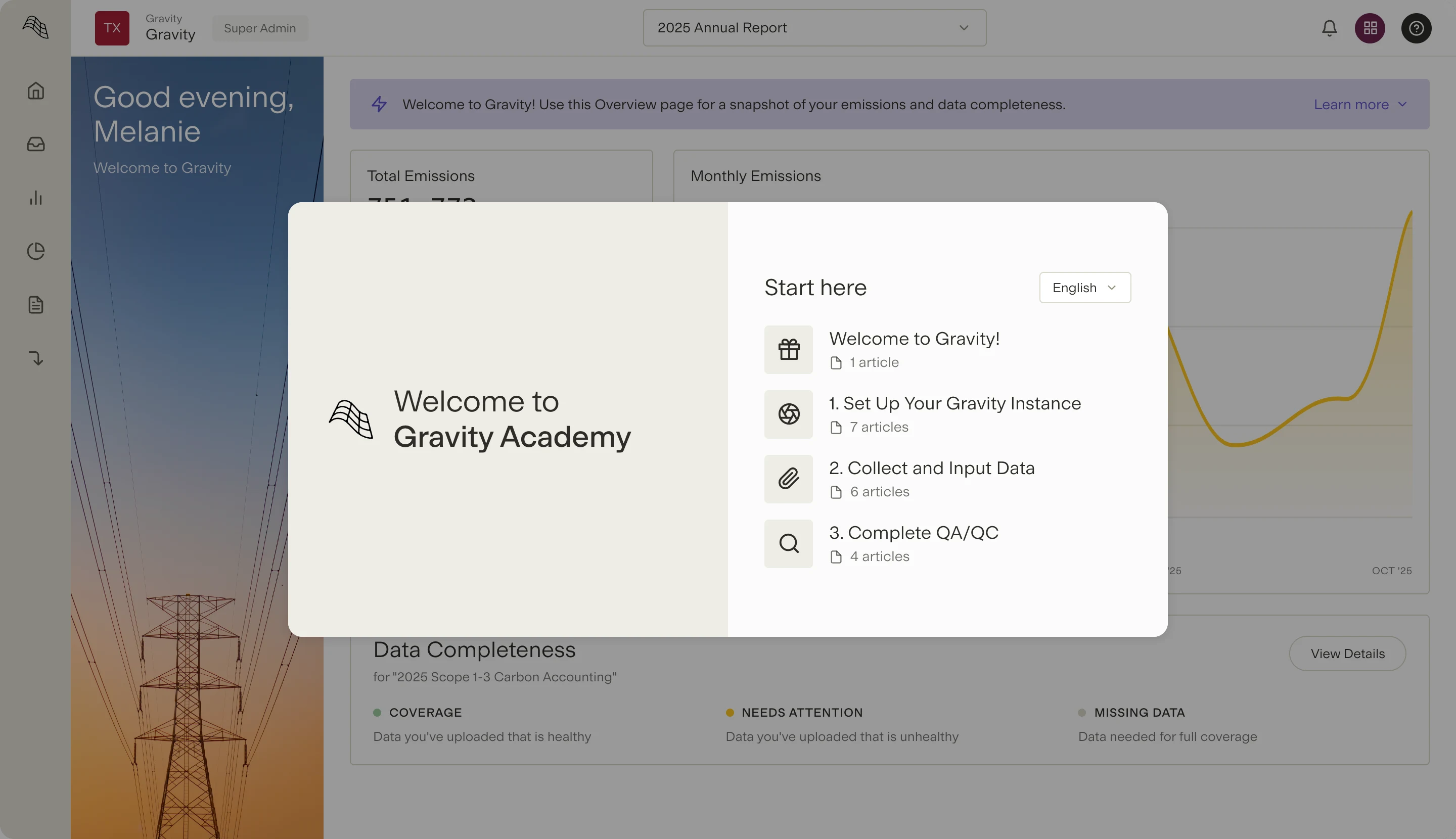 Gravity Academy welcome modal with learning modules for setup, data collection, and QA/QC
